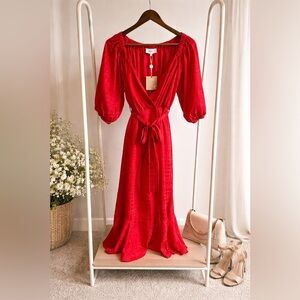NEW Midi Red Wrap Satin Print Dress